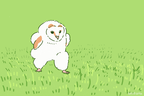 a cartoon drawing of an owl standing in a grassy field with the name wakura underneath it