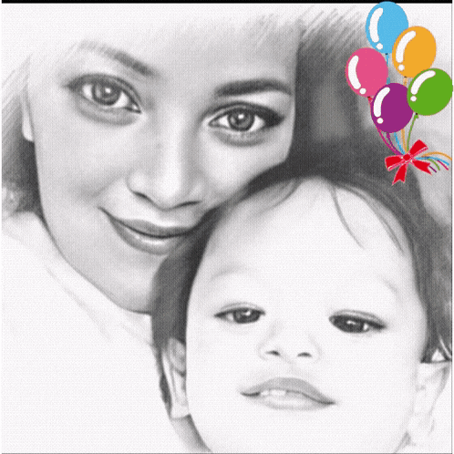 a black and white drawing of a woman and child with balloons in the background