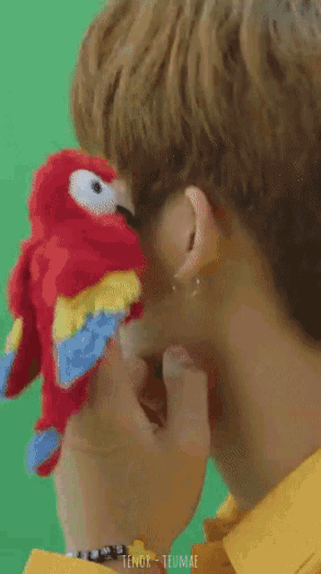 a person is holding a stuffed parrot in their hand .