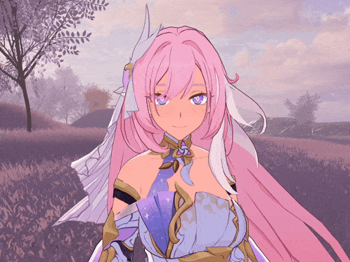 a drawing of a girl with long pink hair and purple eyes
