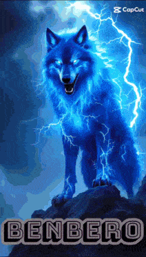 a picture of a blue wolf with lightning and the name benbero below it