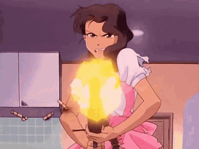 a woman in a pink apron is holding a gun in her hands and shooting it .