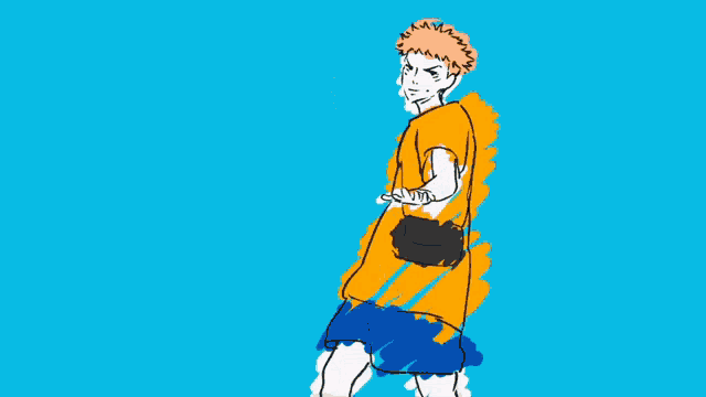 a man in a yellow shirt and blue shorts is standing in front of a blue background