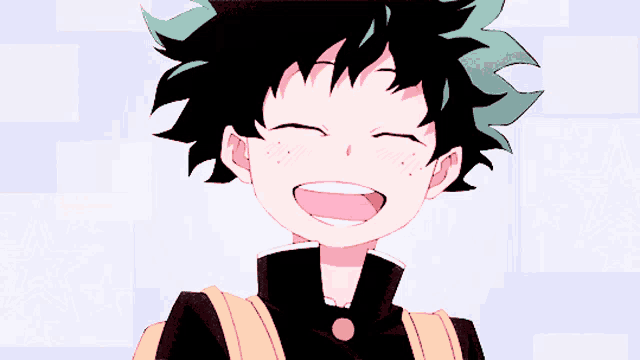 a young boy with green hair is smiling with his mouth open