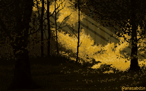 a pixel art of the sun shining through the trees by @anasabdin