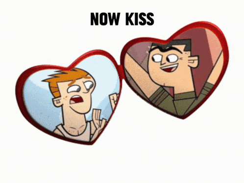 two cartoon characters in hearts with the words now kiss below them