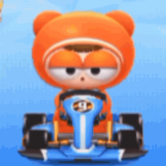 a cartoon teddy bear is driving a blue and orange race car .
