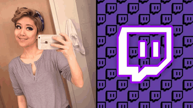 a woman taking a selfie next to a purple background with the twitch logo
