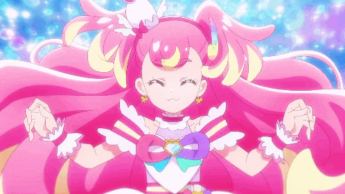 a girl with long pink hair is wearing a pink and white dress