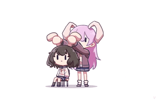 a cartoon of a girl with bunny ears standing next to a girl sitting on a chair