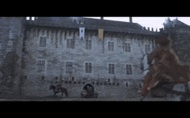 a man on a horse in front of a castle
