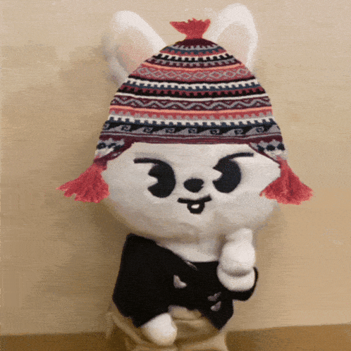 a stuffed animal wearing a colorful hat and a black jacket