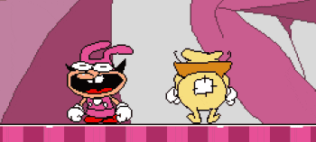 two cartoon characters are standing next to each other on a pink and white checkered floor