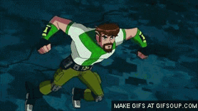 a cartoon character with a beard and a green costume is being splashed with green liquid .