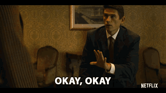 a man in a suit says okay okay in front of a netflix logo