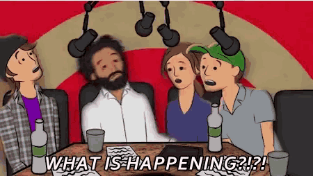 a group of people are sitting around a table with the words what is happening written on it