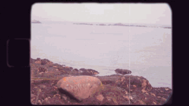 a view of a rocky shoreline with a large rock in the foreground and a large body of water in the background