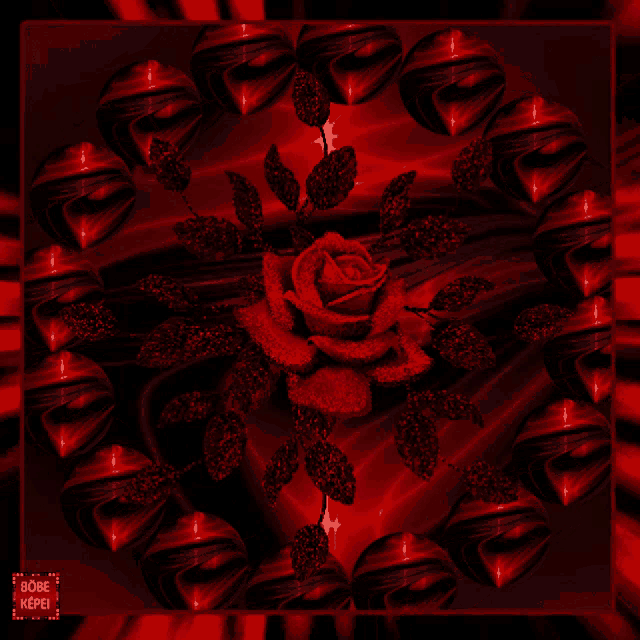 a red rose is surrounded by red hearts and leaves on a red background