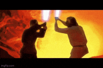 jesus and a man are fighting with lightsabers in front of a fireball .