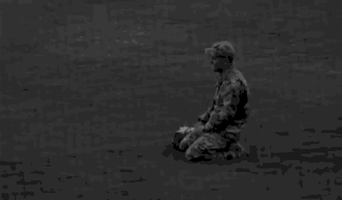 a man in a military uniform is kneeling down in front of a little girl running in the grass .
