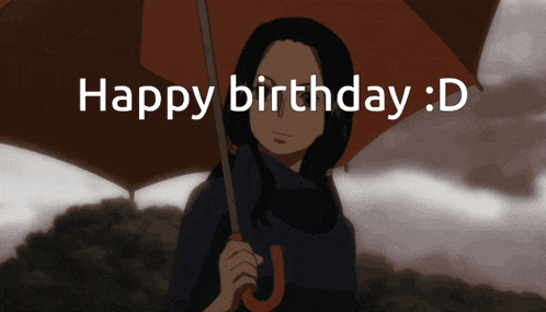 a woman holding an umbrella with the words happy birthday : d