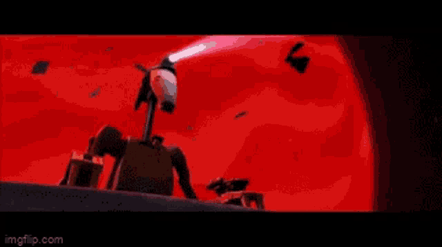 a cartoon character is standing in front of a red background with a light coming out of it .