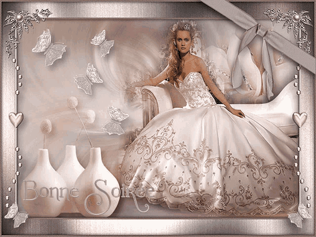 a picture of a woman in a wedding dress with the words bonne soir on the bottom right