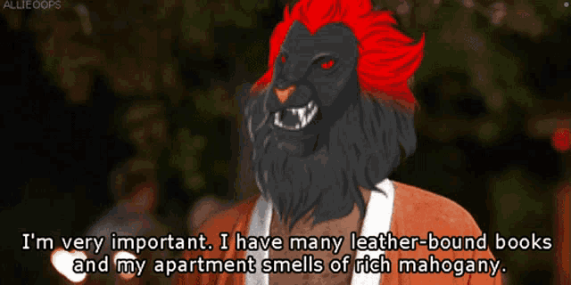 a cartoon of a lion with the words i 'm very important i have many leather-bound books