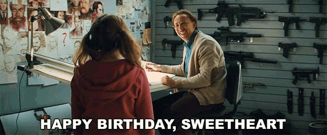 a man and a girl are sitting at a desk with the words happy birthday sweetheart