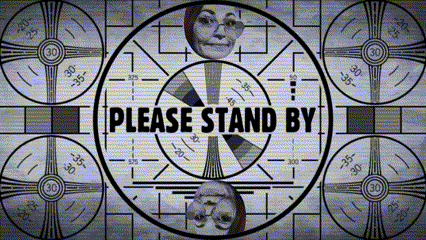 a sign that says please stand by with a woman 's face in the center