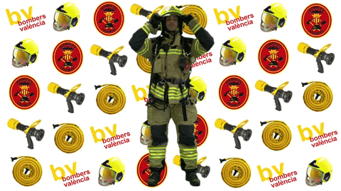 a fireman is standing in front of a bombers valencia background