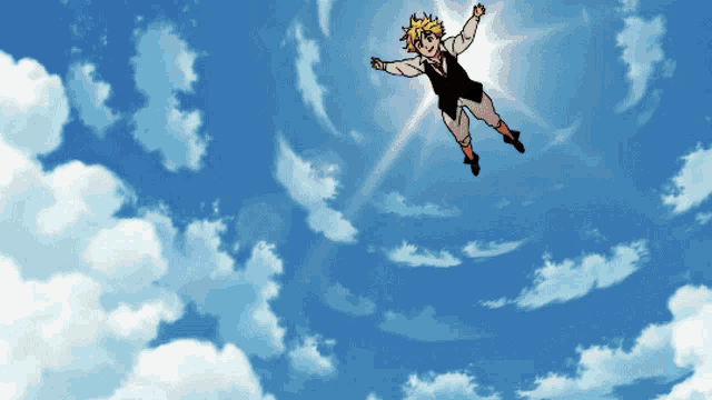 a cartoon character is flying through the air with the sun shining through the clouds