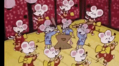 a group of cartoon mice are dancing in a room .