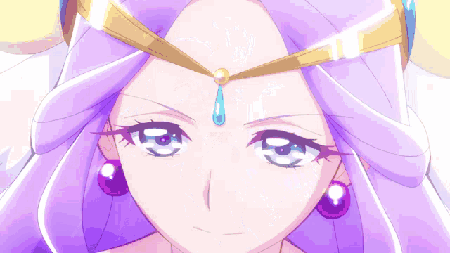 a close up of a purple haired anime character