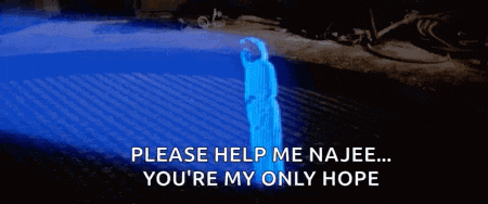 a blue light is shining on a person with the words " please help me najee ... you 're my only hope "