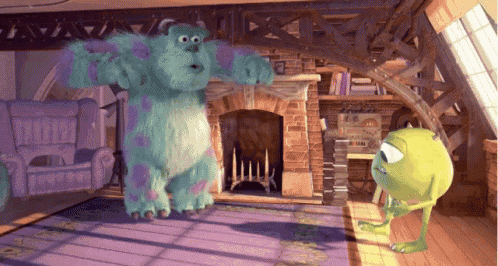 sulley and mike from monsters inc are dancing in a living room