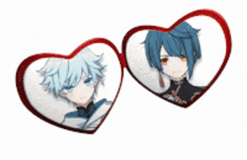 two hearts with a picture of a boy and a girl inside of them