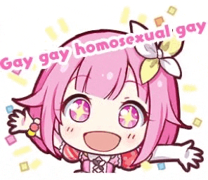 a pink anime girl with a flower in her hair and the words `` gay gay homosexual gay '' written above her .