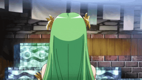 a girl with green hair is standing in a room
