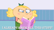 a cartoon of a girl holding a book that says " i already knew all this stuff "
