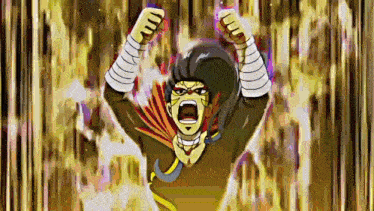 a cartoon character with his fist in the air is screaming