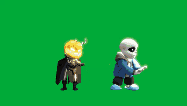 a cartoon character with a pumpkin head stands next to another character