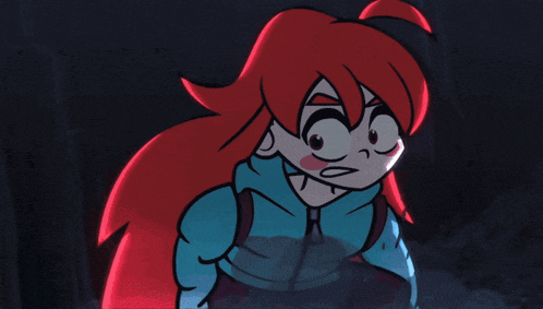 a cartoon of a girl with red hair pointing at the camera