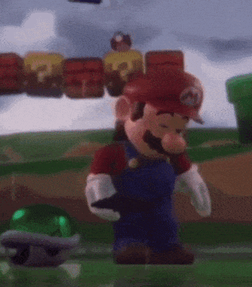 a video game character named mario is standing on a green field