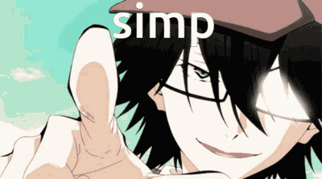a man with glasses and a hat giving a thumbs up with the word simp behind him