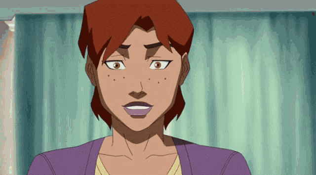 a cartoon woman with red hair and freckles is wearing a purple sweater