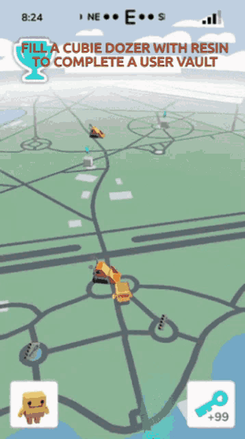 a screenshot of a game that says fill a cubie dozer with resin to complete a user vault