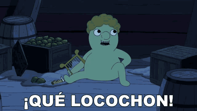 a cartoon character is sitting on the floor with the words " que locochon " behind him