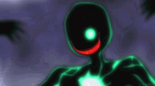 a cartoon character with a green eye and a red smile .