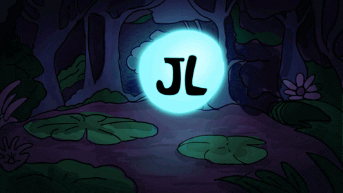 a cartoon drawing of a forest with a glowing object in the middle and the letter s on the bottom